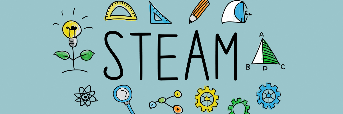 Imagem mostrando a palavra "STEAM". Cada letra está associado a um ícone que representa diferentes áreas do conhecimento: ciência, tecnologia, engenharia, arte e matemática. O contexto sugere uma abordagem STEAM na Educação Bilíngue, integrando essas disciplinas para promover um aprendizado interdisciplinar.