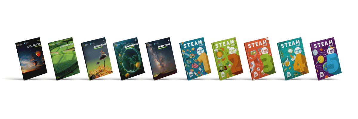 Coleção de material didático em inglês e português com foco em STEAM (Ciência, Tecnologia, Engenharia, Artes e Matemática), apresentando títulos como 'Explorações', 'Aventuras' e livros numerados do 1º ao 5º ano, todos com capas coloridas e imagens relacionadas a temas de educação e inovação.